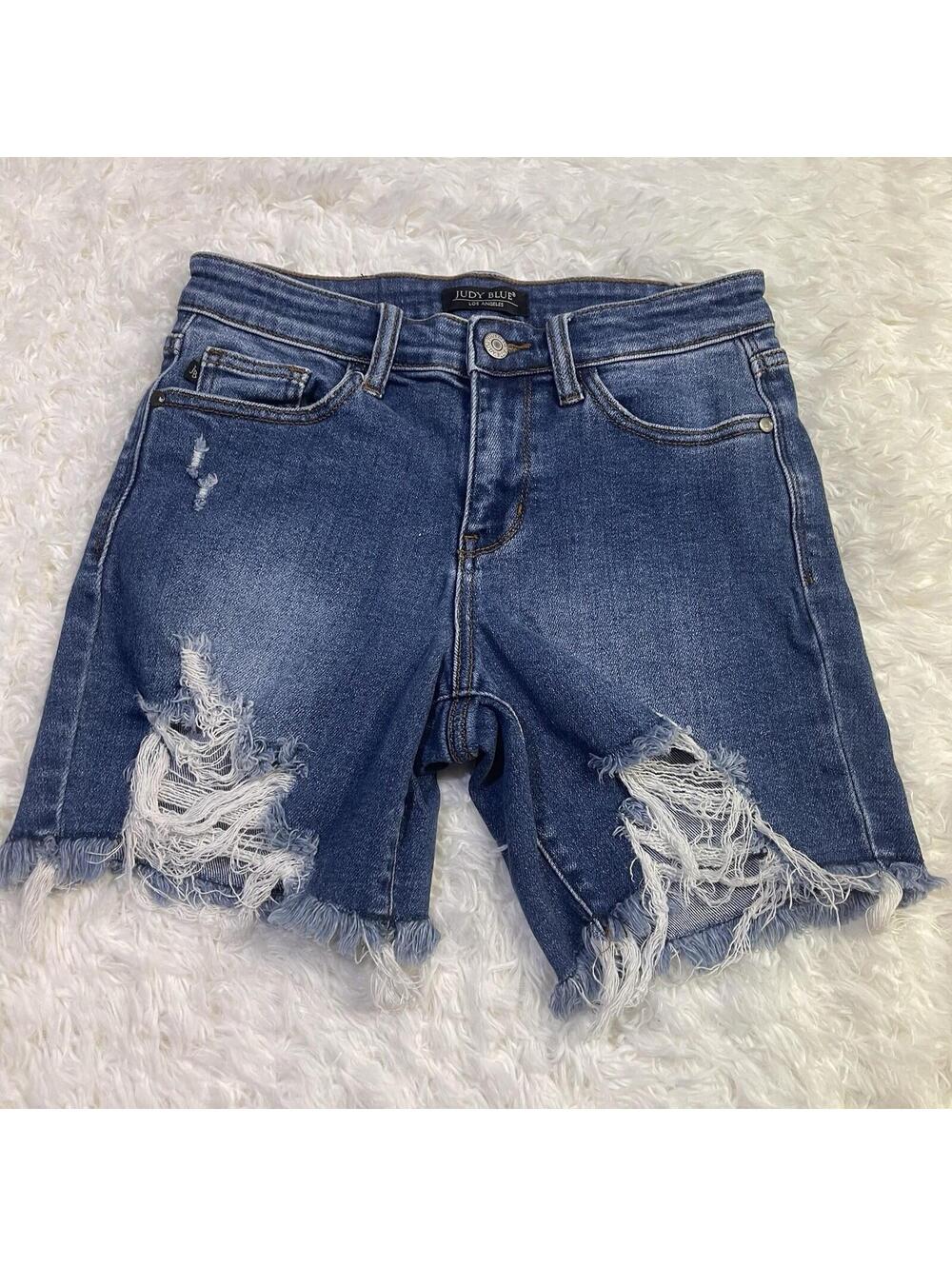 Judy Blue High Rise Distressed Cutoff Frayed Hem Shorts Women's Small Blue Denim